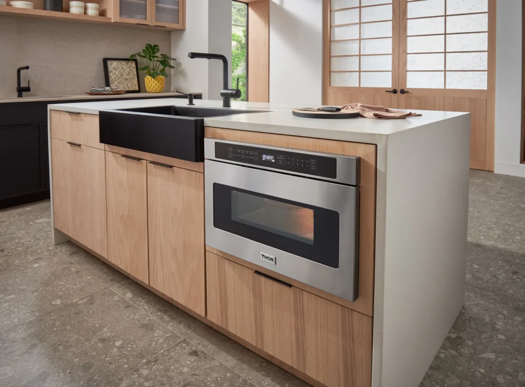Modern kitchen with sleek appliances.