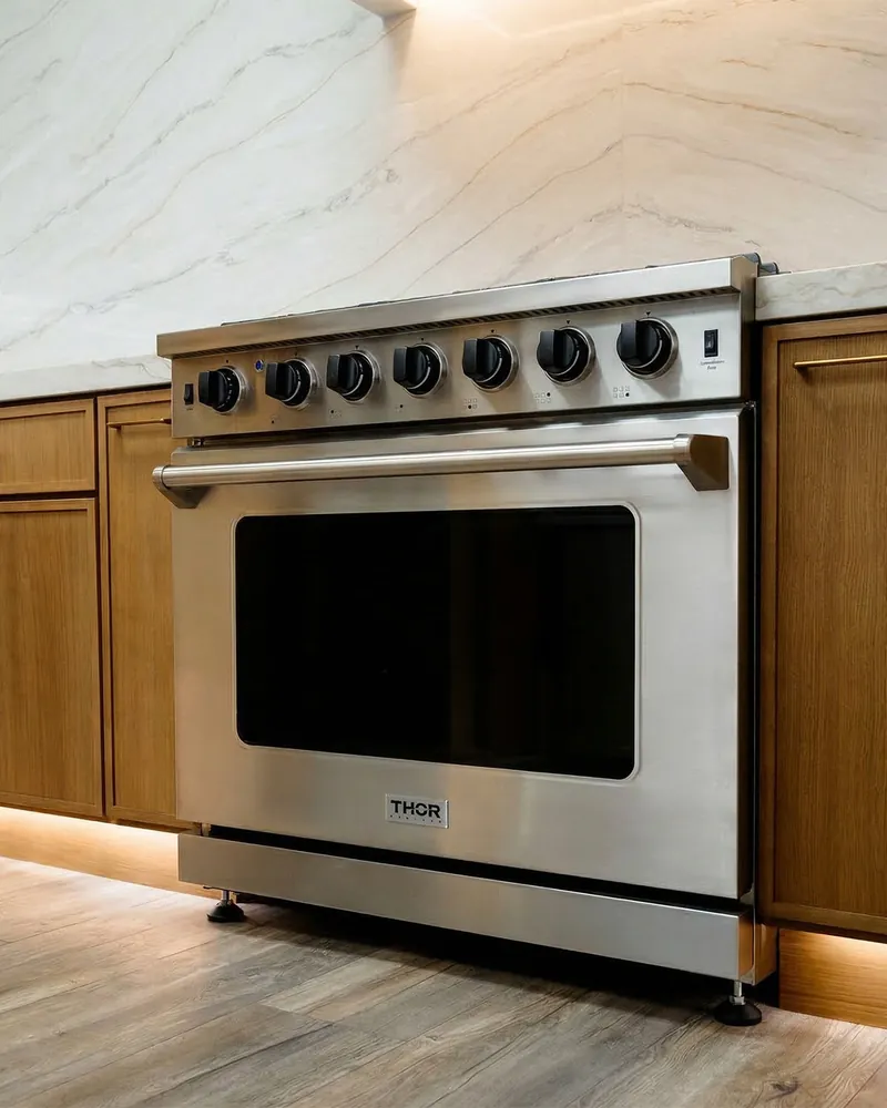 THOR Kitchen 36 inch professional gas range in a warm wood kitchen