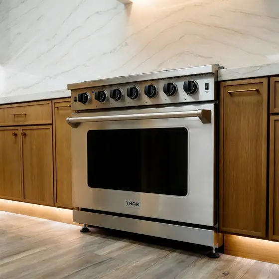 THOR Kitchen 36-inch professional range in a warm wood kitchen