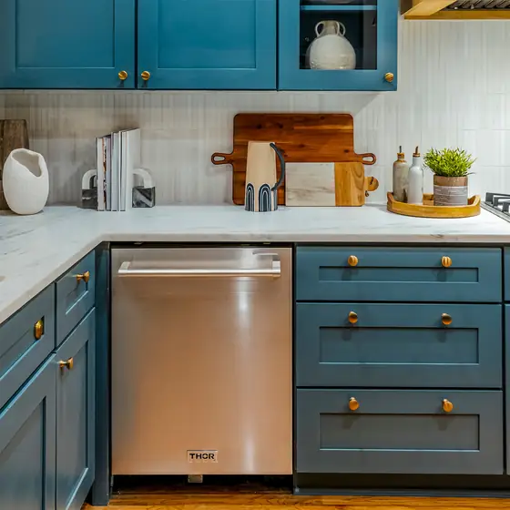 THOR Kitchen stainless steel dishwasher in a blue kitchen