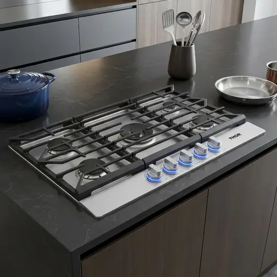 THOR Kitchen 36-inch gas cooktop with blue-lit knobs