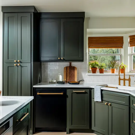 THOR Kitchen dishwasher with bronze handle in a green kitchen