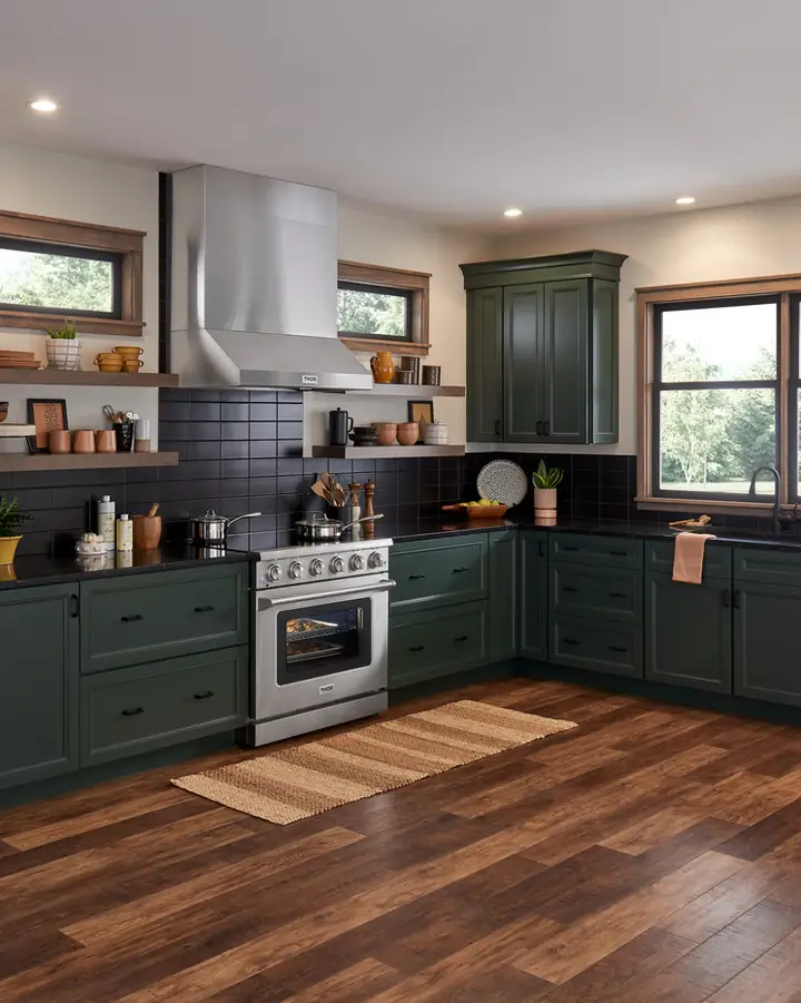 Green kitchen with THOR Kitchen refrigerator, range and dishwasher