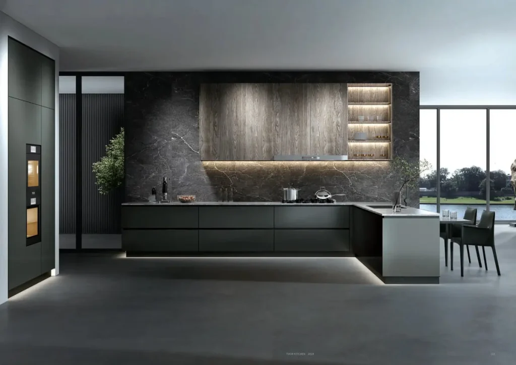 Black stainless steel kitchen with lit shelving by THOR Kitchen