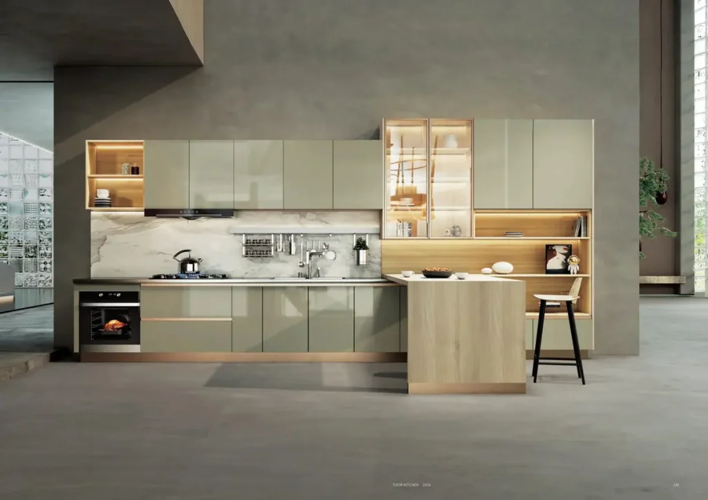 Sage green stainless steel kitchen with wood shelving by THOR Kitchen