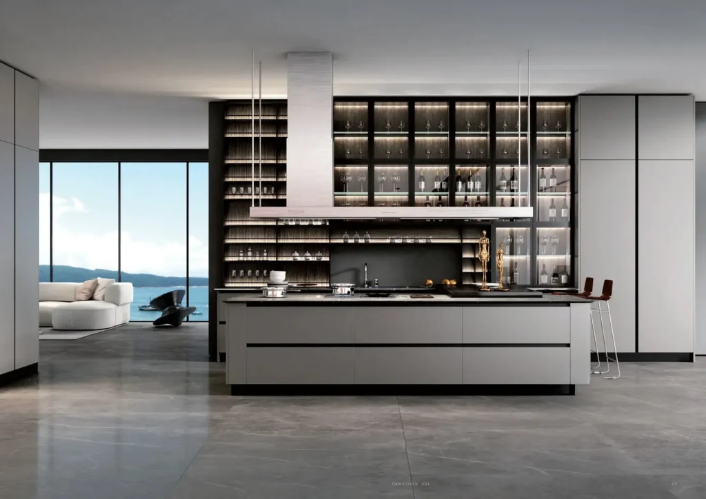 Stainless steel kitchen cabinets from THOR Kitchen in a sea-view apartment