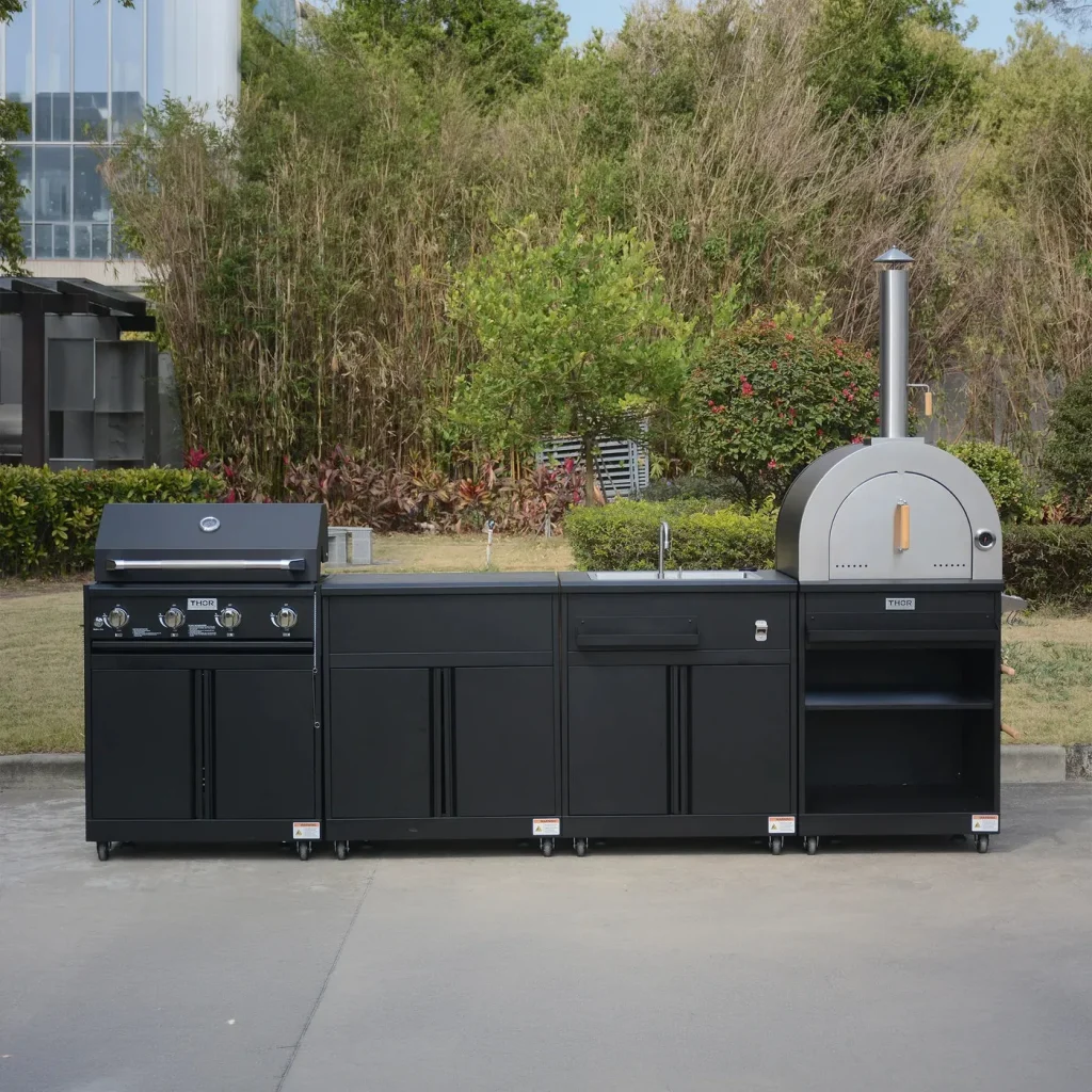 THOR Kitchen 4-piece modular outdoor kitchen island in black with grill, sink and pizza oven