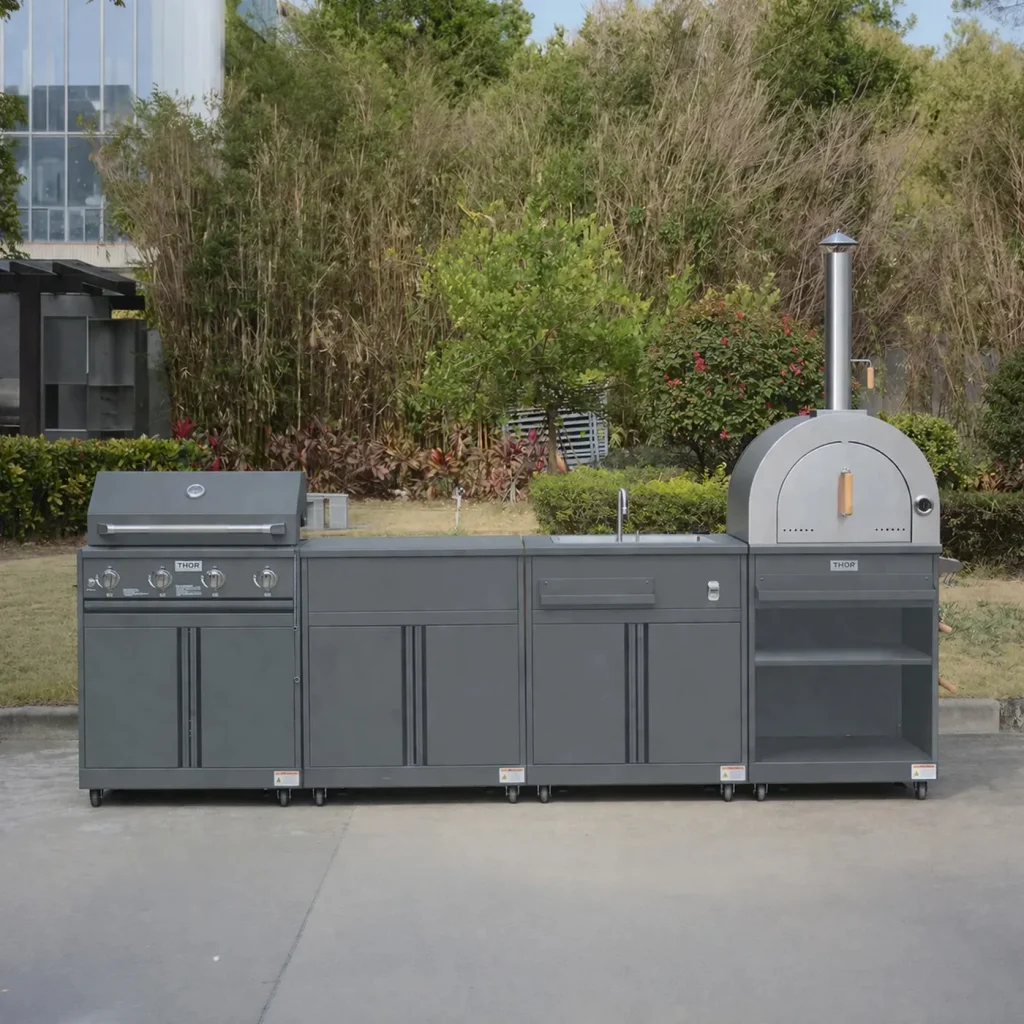 THOR Kitchen 4-piece modular outdoor kitchen island in grey with grill, sink and pizza oven