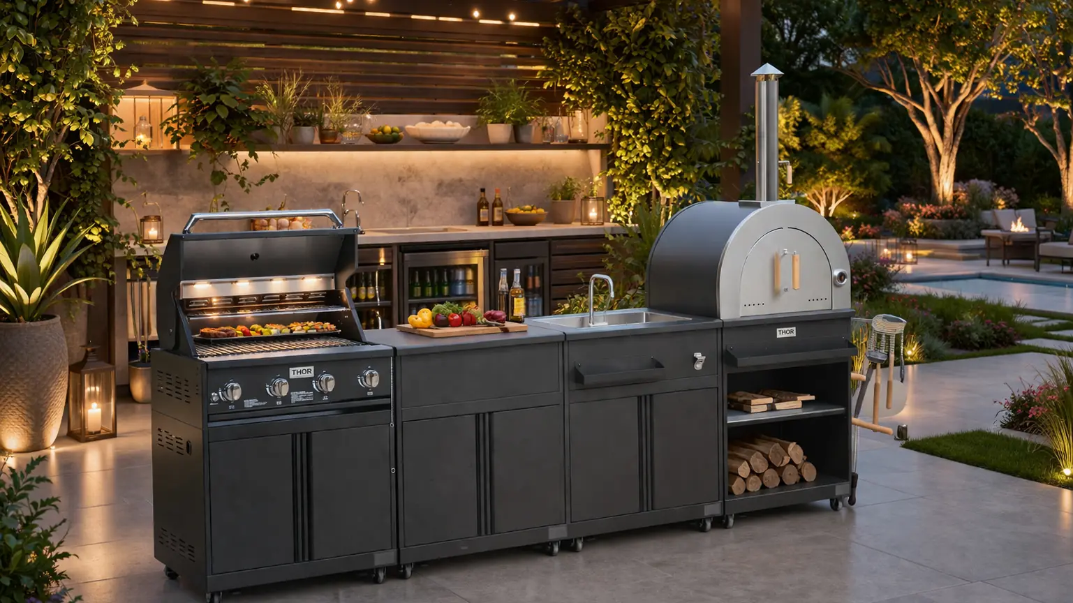 THOR Kitchen 4-piece modular outdoor kitchen island in black with grill, sink and pizza oven at dusk