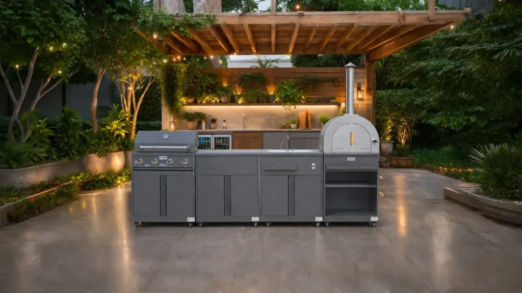 THOR Kitchen 4-piece modular outdoor kitchen island in grey on a UAE villa terrace at dusk